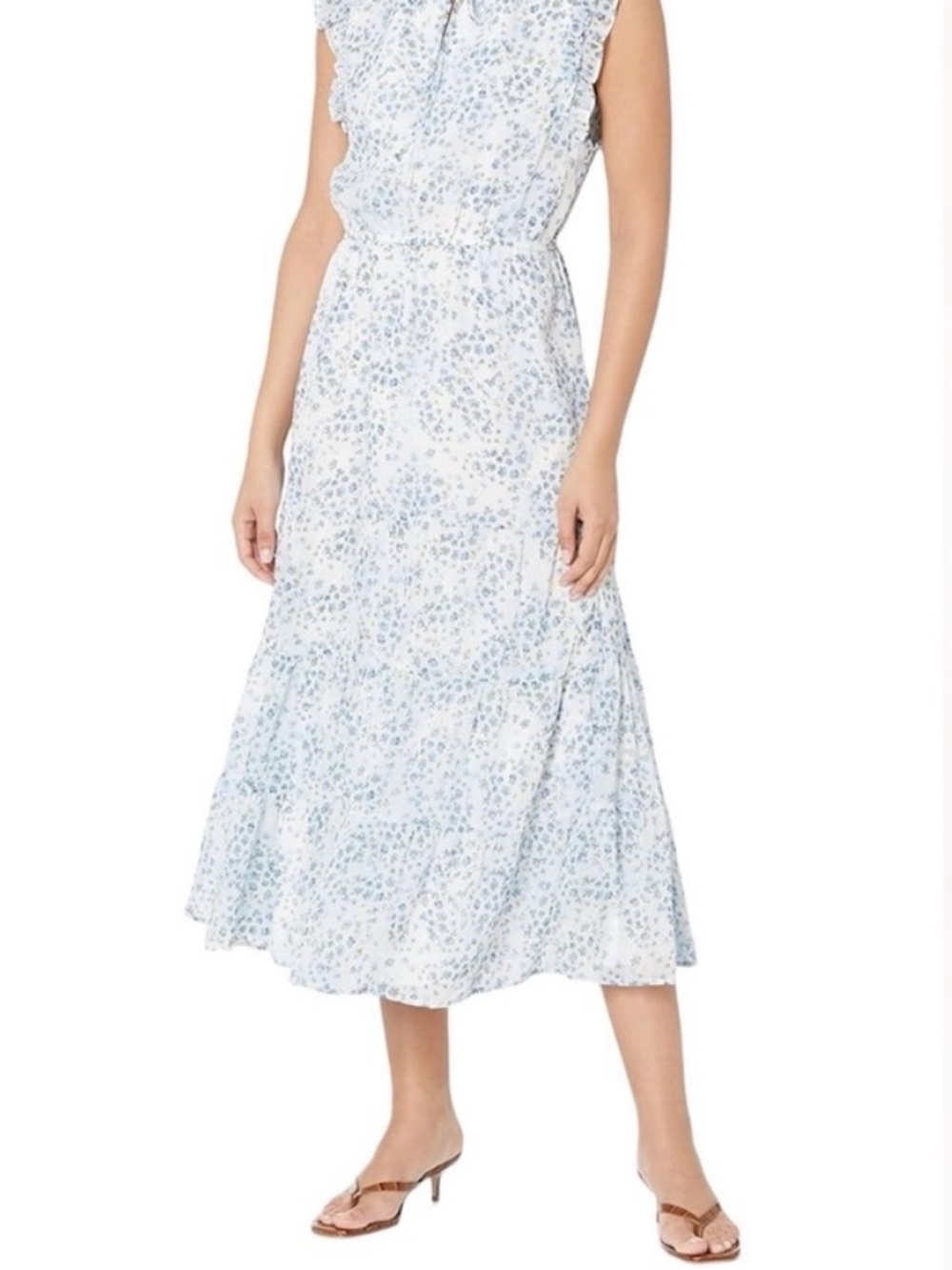 BB Dakota Light Blue Floral Ruffle Midi Dress